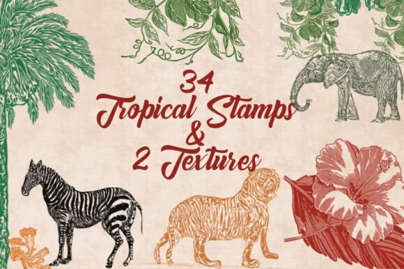 Download 34 Tropical Stamps &amp; 2 Rustic Textures - Text Collection